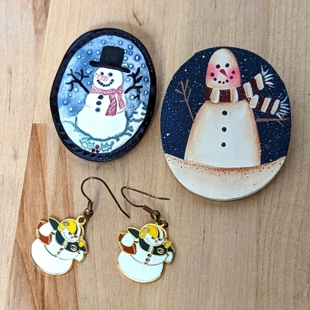 Vintage Snowman Pins with green Bay Packers earrings handmade
